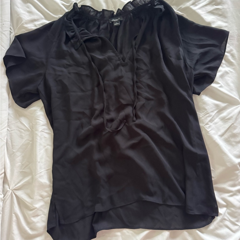 Ann Taylor Factory Black Ruffled Tie Front Blouse